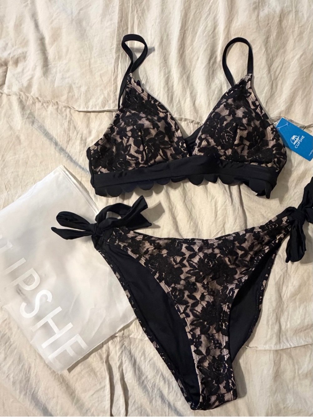 Cupshe Black Lace-Overlay Tie-Side Bikini